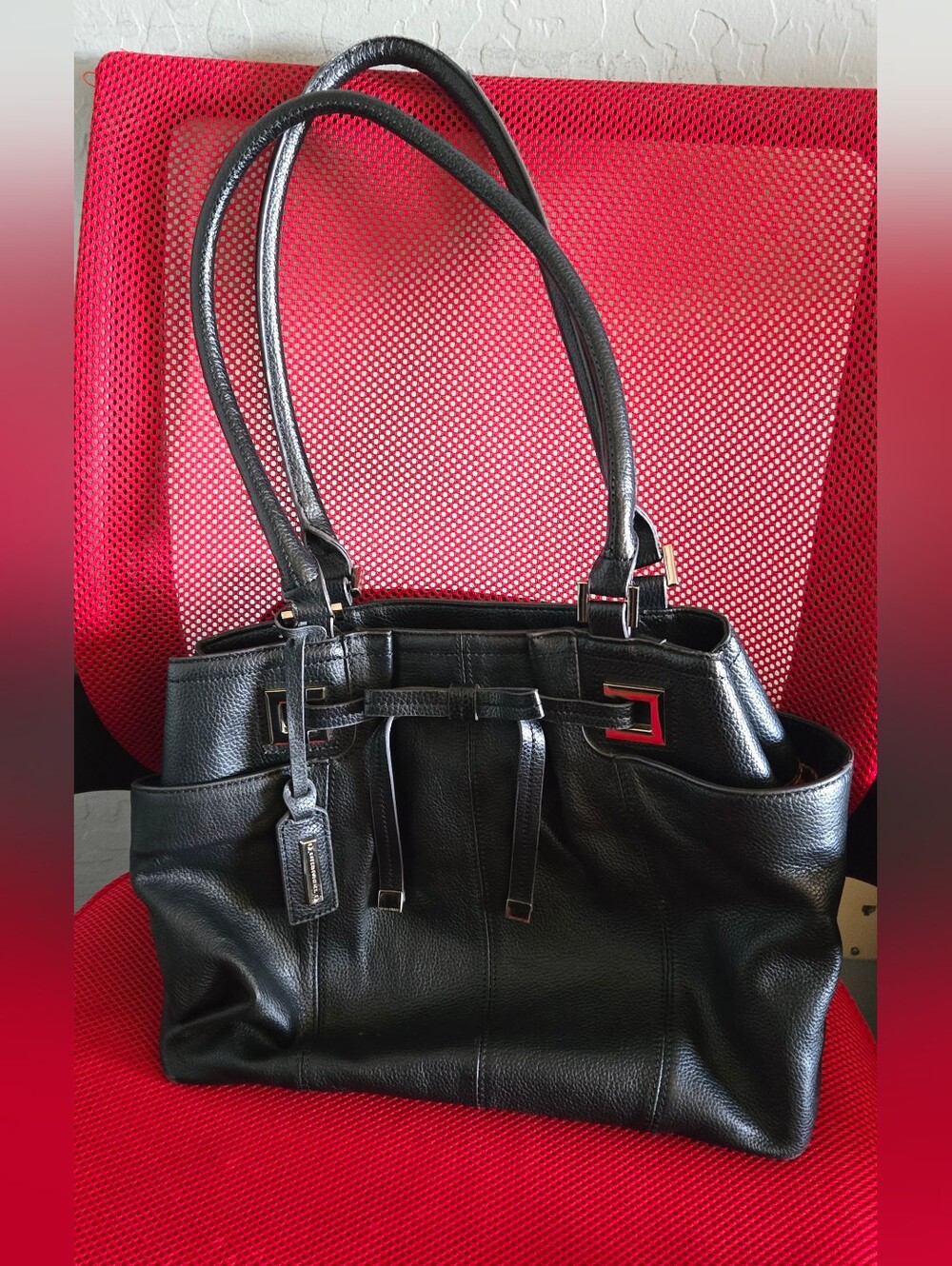 Black Leather Tote Bag with Double Straps